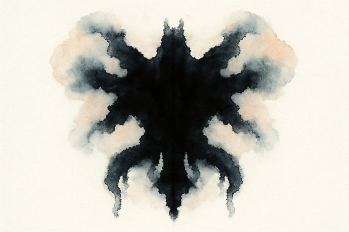 Abstract symmetrical Rorschach inkblot with black and gray shades used in psychological inkblot poll tests.