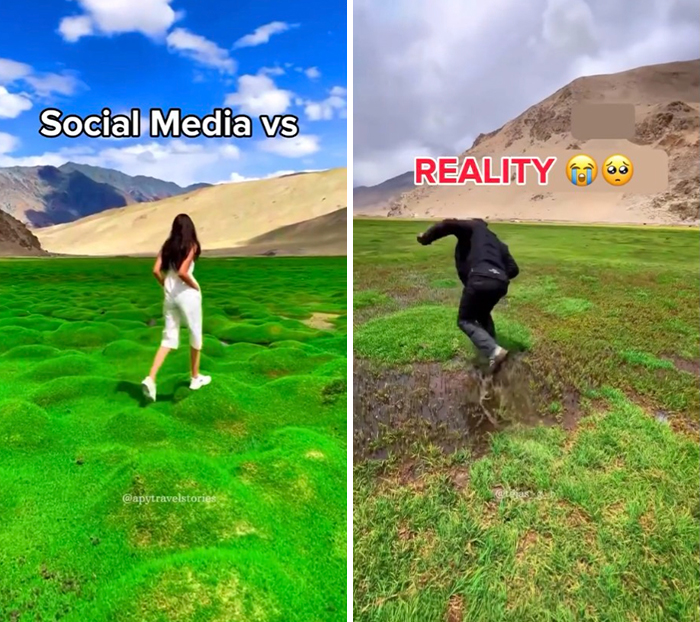 Side-by-side travel moments showing Instagram vs reality with bright green grass and mountainous background.