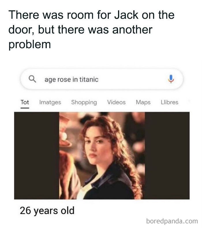Search result showing Rose from Titanic was 26 years old, explaining the meme joke about the door space with Jack.