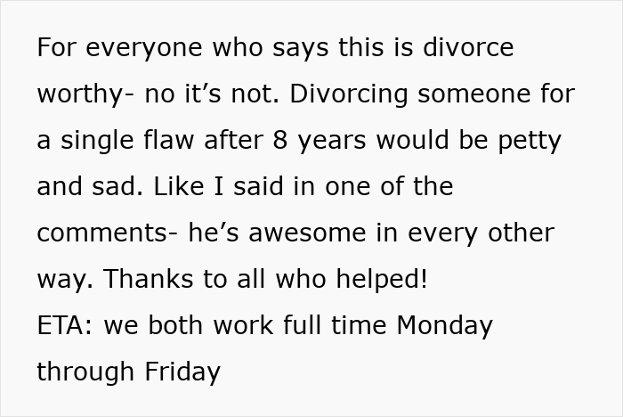 Text excerpt discussing a husband enjoying lazy mornings while wife sacrifices sleep, highlighting one-sided effort.