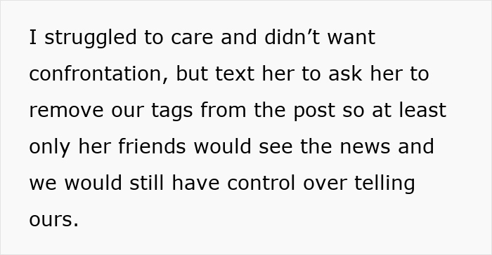 Text message discussing requesting removal of tags from a Facebook post after MIL hijacks pregnancy announcement.