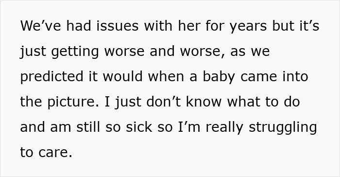 Text excerpt showing a family struggling with MIL hijacking pregnancy announcement for Facebook attention and refusing to delete it.