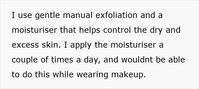 Text excerpt about using gentle exfoliation and moisturizer to control dry skin, mentioning inability to wear makeup while applying.