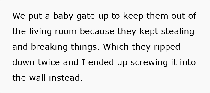 Text explaining a baby gate installed to prevent kids from stealing and breaking items after repeated damage by children in the home. Text explaining a baby gate installed to prevent kids from stealing and breaking items after repeated damage by children in the home.