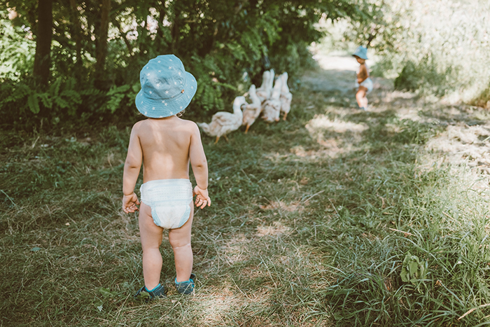 Toddler in a diaper and blue hat watching ducks outdoors, highlighting concerns about neglected dog and CPS retaliation.