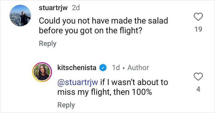 Screenshot of a social media exchange about a plane passenger making a salad mid-flight and criticism received. Screenshot of a social media exchange about a plane passenger making a salad mid-flight and criticism received.