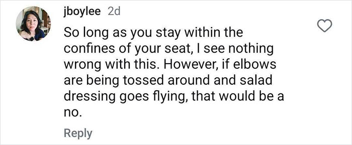 Comment discussing a plane passenger making a salad mid-flight and concerns over space and salad dressing spills. Comment discussing a plane passenger making a salad mid-flight and concerns over space and salad dressing spills.