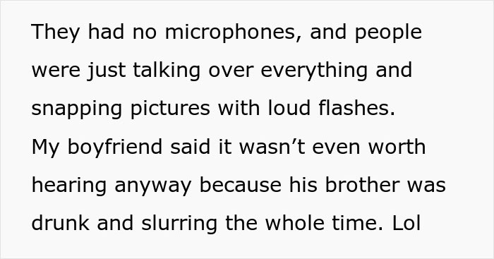 Text describing a chaotic wedding with no microphones, loud flashes, and drunken guests resembling a wedding on The Sims.