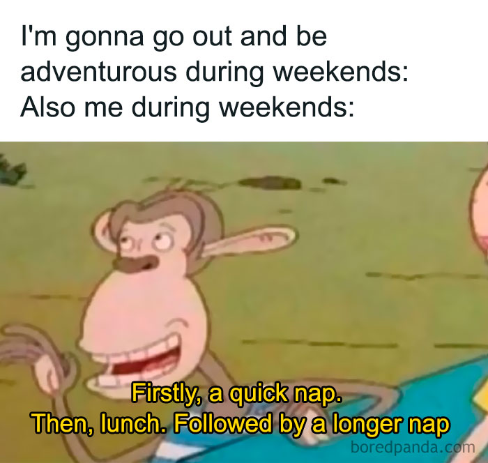Cartoon monkey planning weekend adventures but ending up taking naps and lunch, evoking nostalgic good old days humor.