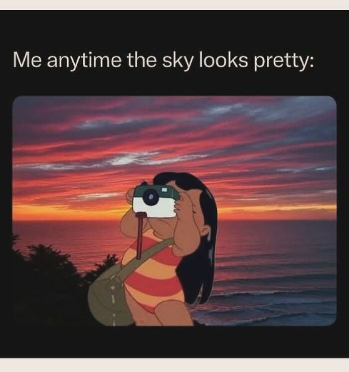 Cartoon character photographing a colorful sunset sky, illustrating a relatable introvert moment in everyday life memes.