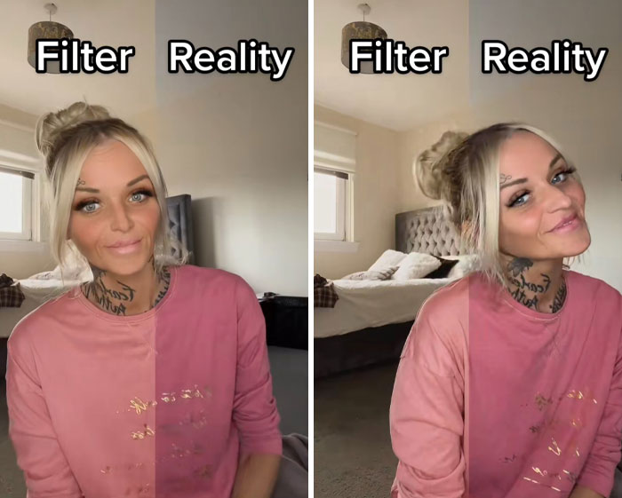 Woman showing differences between filters and reality on her face and neck tattoos, highlighting filter vs reality comparison.