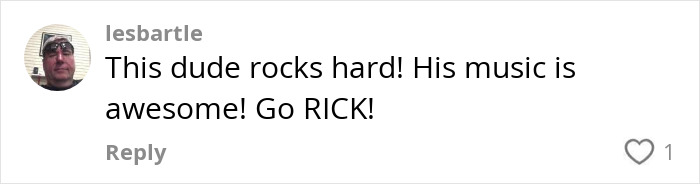 Comment praising a famous 80s rockstar for his music and energy, featuring fan enthusiasm and support.