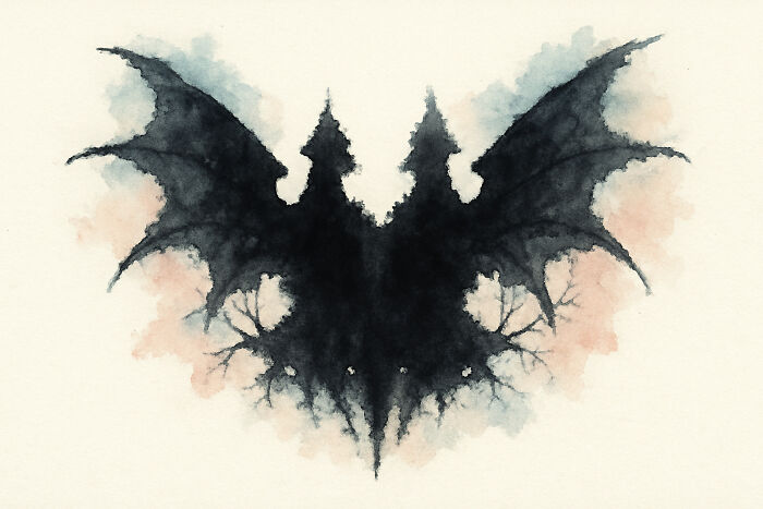 Rorschach inkblot resembling bat wings with tree-like details in black and gray tones for inkblot poll analysis.