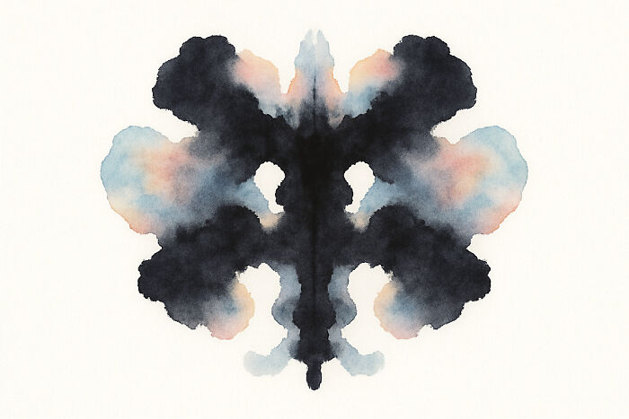 Rorschach inkblot with symmetrical black and pastel shapes for a psychological inkblot poll test.