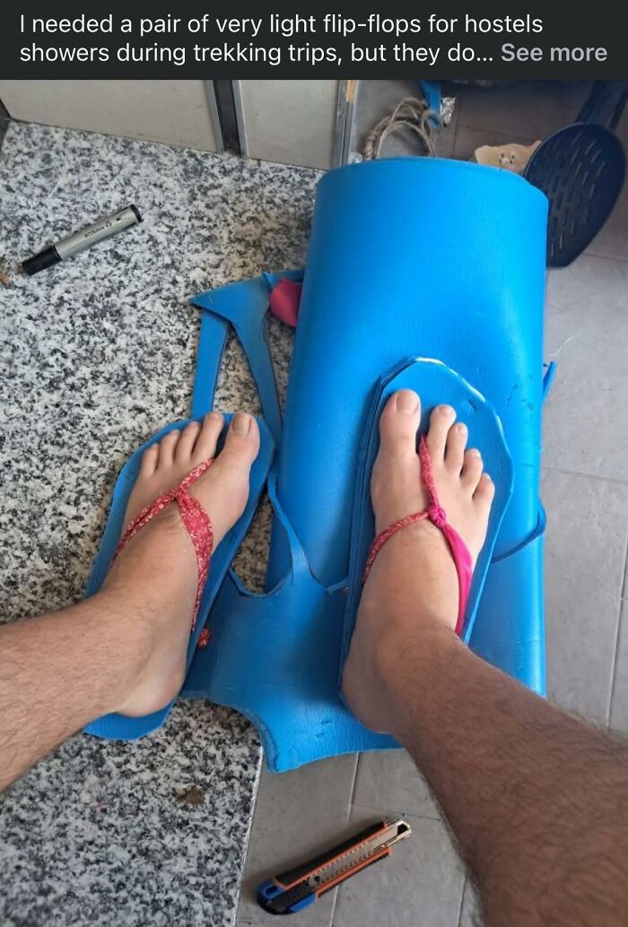Feet wearing homemade flip-flops crafted from blue foam and pink straps, showcasing a horrible craft project shamed by netizens.