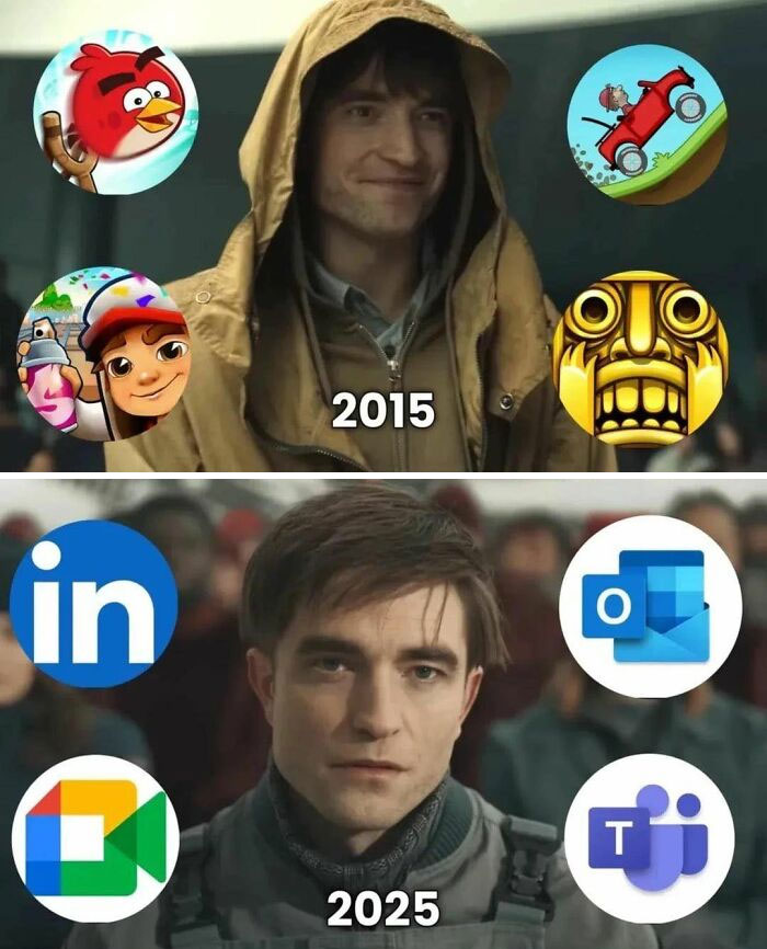 Comparison meme showing a man in 2015 surrounded by casual game icons and the same man in 2025 with professional app logos, highlighting generational connection.