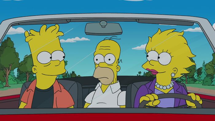Bart, Homer, and Marge Simpson seated in a car, highlighting Marge&rsquo;s death on The Simpsons and animated character deaths.