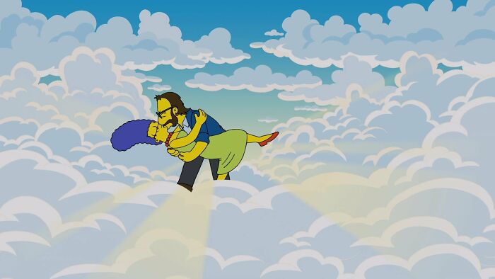 Marge&rsquo;s death scene on The Simpsons with characters embracing among clouds, symbolizing animated character deaths.