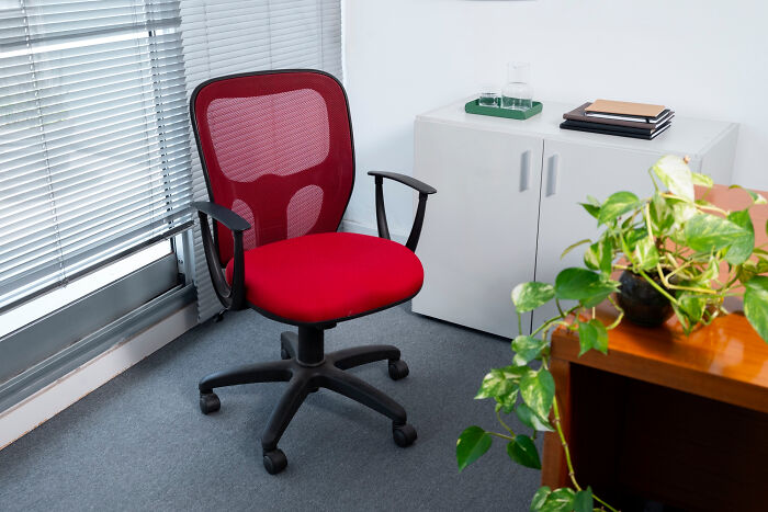 Red office chair with black arms in a bright room near window blinds and a cabinet with plants and books nearby.