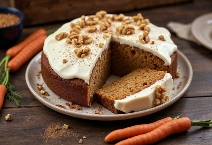 Carrot cake with cream cheese frosting and walnuts on a plate, illustrating people committed to a lie way too hard.