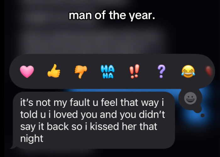 Screenshot of an unhinged text message nominating a man of the year in a chaotic conversation.