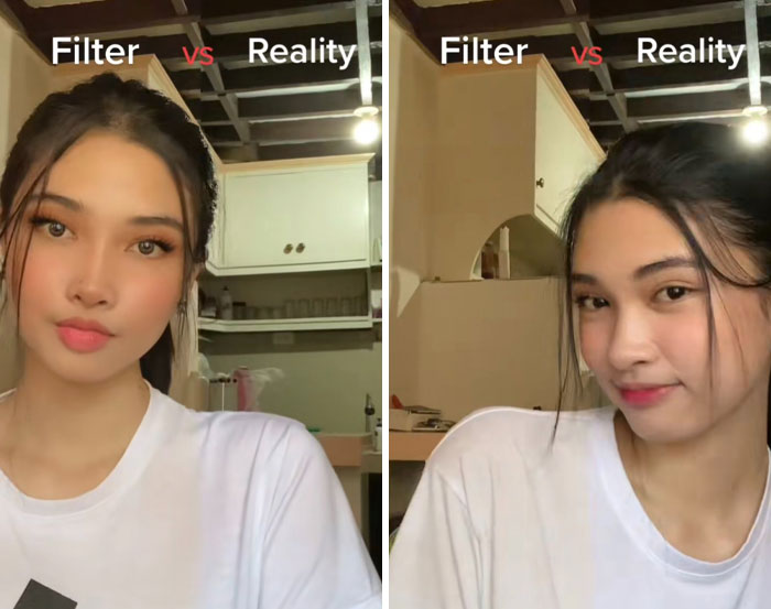 Young woman showing difference between filters vs reality in side-by-side selfies, highlighting women’s look with and without filters.