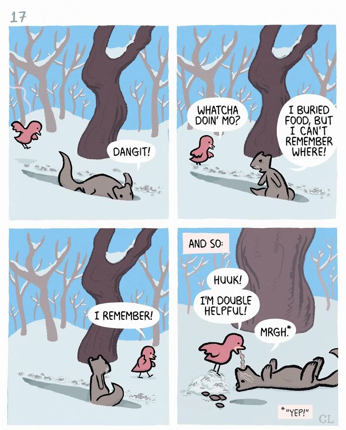Ruby and Mo comic panels showing a squirrel struggling to remember where food was buried in a snowy forest.