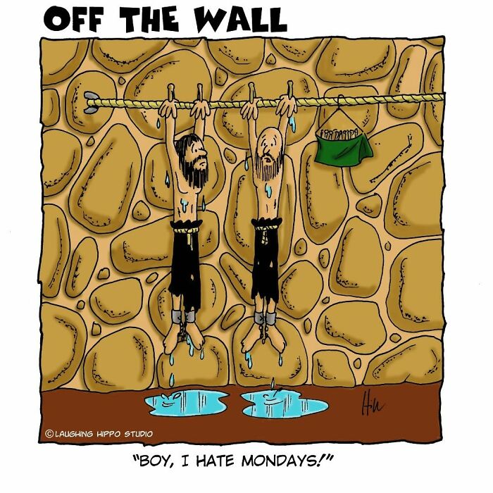 Two dungeon characters hanging from a rope, dripping wet in a dungeon fail cartoon comic scene.