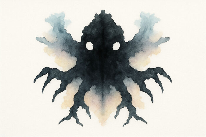 Rorschach inkblot with symmetrical black and gray shapes resembling a creature with tentacles on a light background.