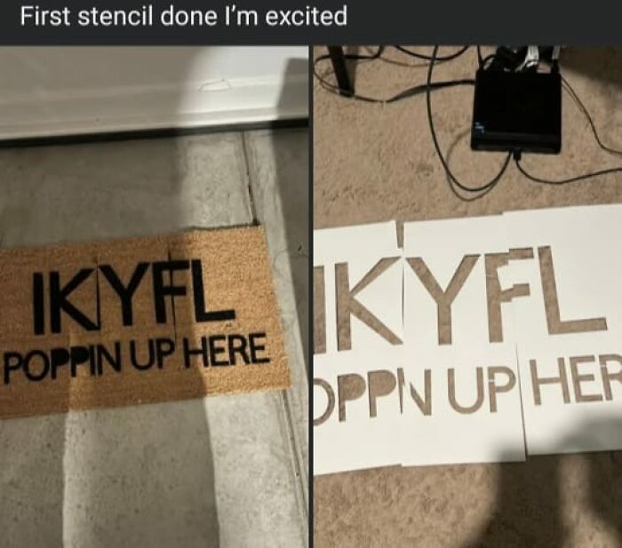 Doormat craft fail with misplaced stencil letters spelling incorrect words, showcasing a horrible craft shamed by netizens.