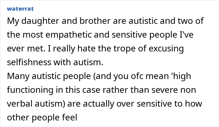 Text comment about autistic daughter and brother discussing empathy, sensitivity, and autism misconceptions online.