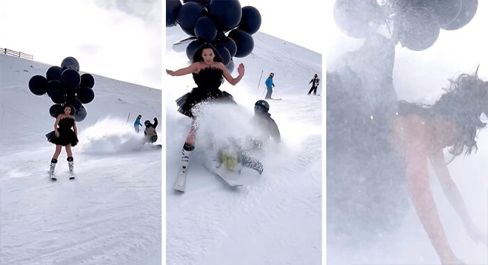 Influencer skiing with black balloons and a black dress causing a snow spray stunt for unhinged influencer views.