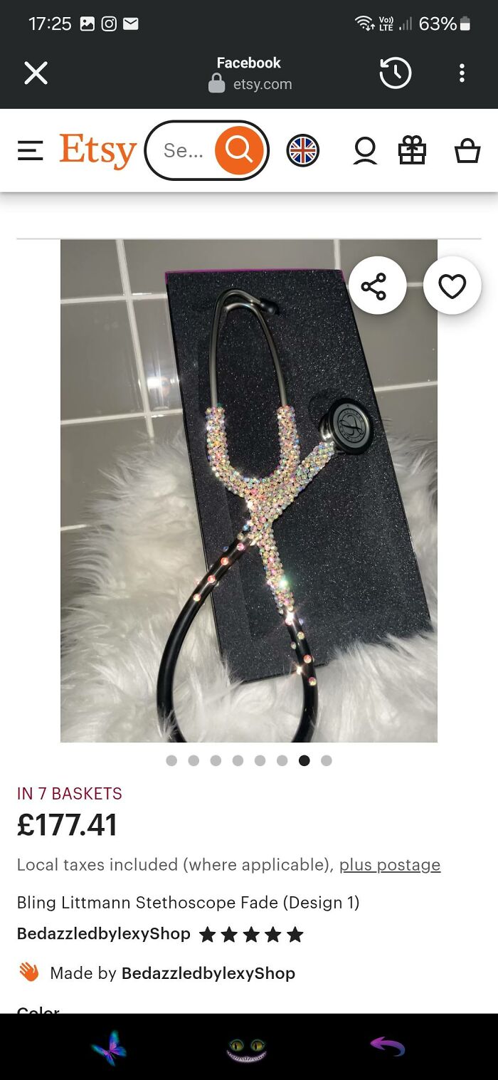 Stethoscope decorated with colorful rhinestones in a DIY craft project showcased on Etsy for craft shaming.