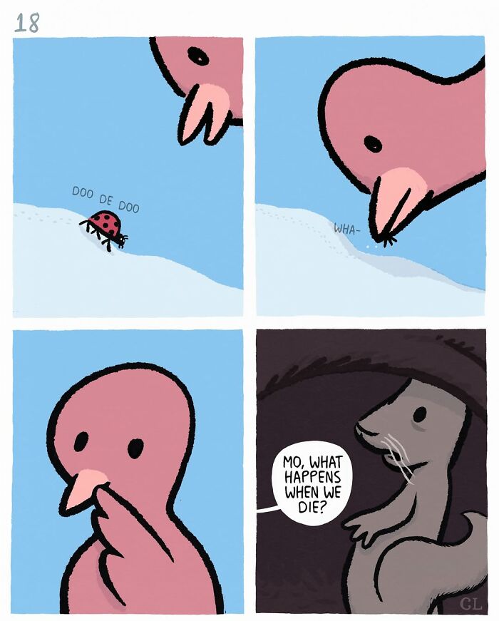 Comic panels from Ruby and Mo showing a bird and a squirrel discussing love, loss, and healing.