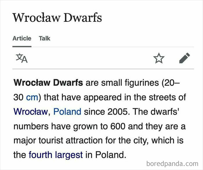 Wrocław Dwarfs are small figurines in Poland, featured in funny and interesting snippets from random Wikipedia articles.