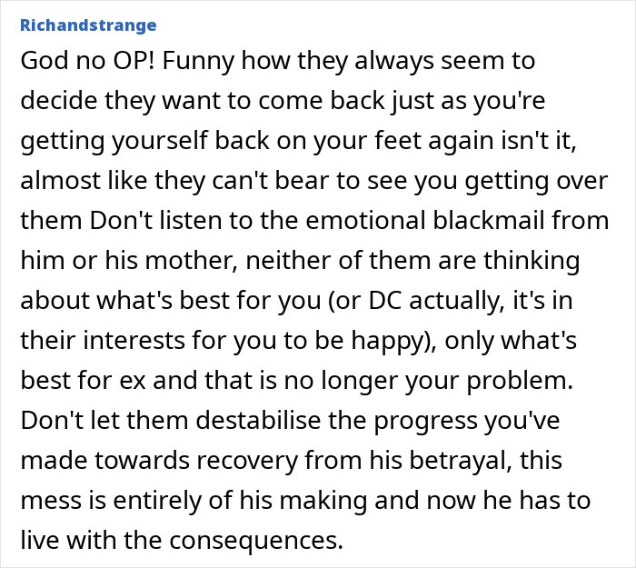 Text post showing a discussion about a man regretting leaving his wife after ending up in the hospital.