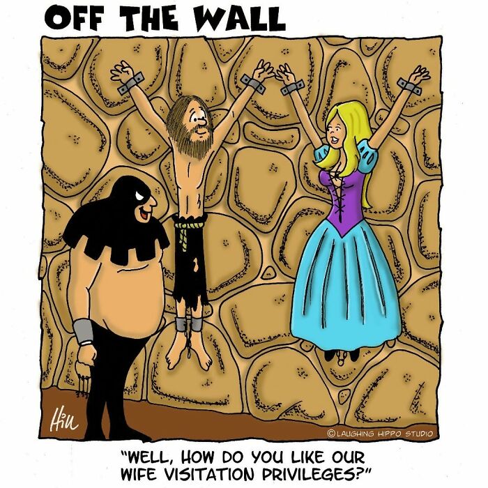 Cartoonist’s offbeat comic shows dungeon fails with two captives and a guard in a stone-walled prison setting.