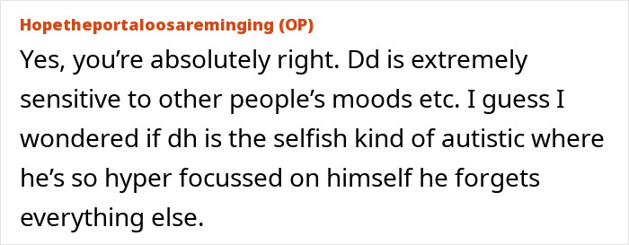 Alt text: Screenshot of a forum post discussing sensitivity and behavior, related to mom stunned after dad leaves sick daughter in hospital, Glastonbury tickets.