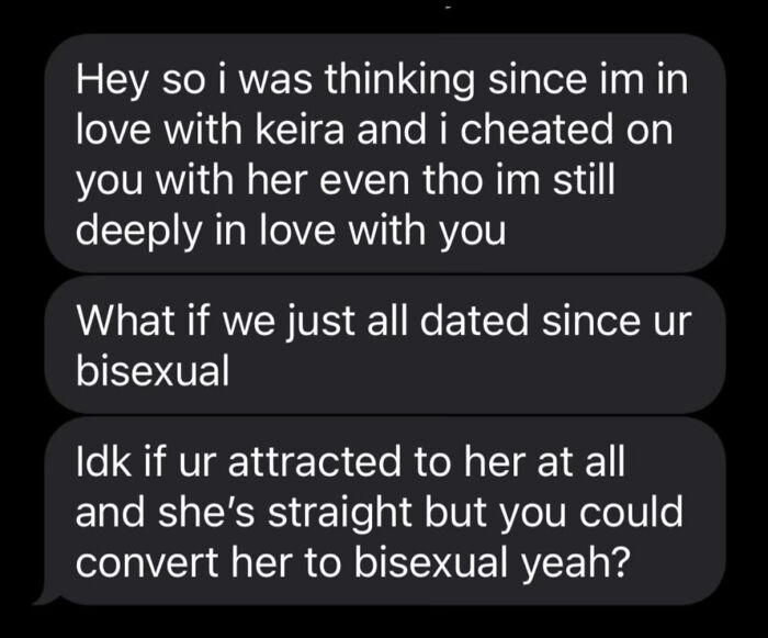 Screenshot of an unhinged text message conversation shared by women, featuring chaotic and confusing messages about love and relationships.