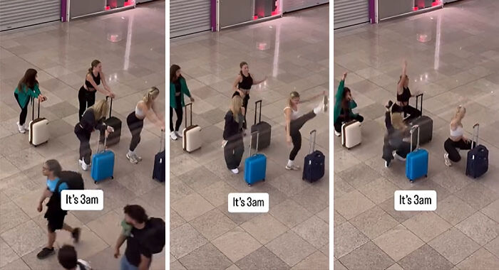 Group of unhinged influencers performing crazy stunts with luggage at 3am, capturing attention for views and shaming.