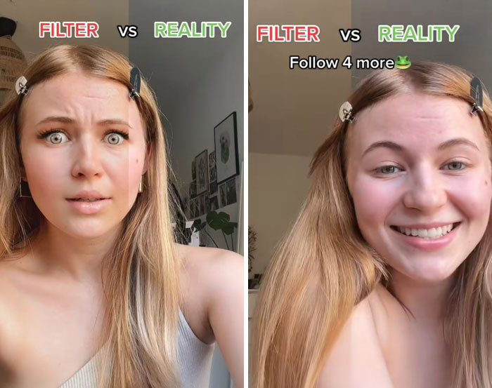Young woman showing difference between filtered and real appearance in a side-by-side comparison, highlighting women and filters.
