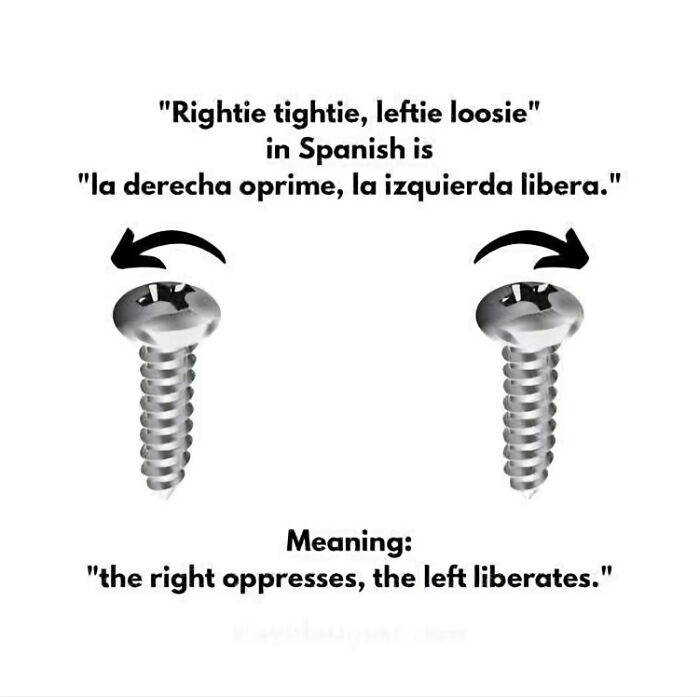 Meme explaining Spanish phrase "Rightie tightie, leftie loosie" with political meaning, shared in powerful memes collection.
