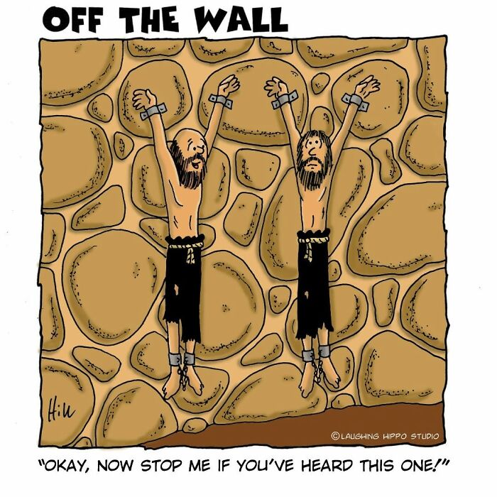 Cartoon featuring two dungeon prisoners stuck on a stone wall, capturing dungeon fails with offbeat comic humor.