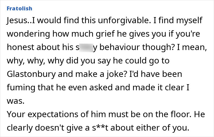 Commenter expressing disbelief and anger over dad leaving sick daughter in hospital to chase Glastonbury tickets.