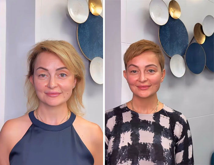Woman with blonde medium-length hair in a before photo and a short hair makeover in an after photo by stylist.