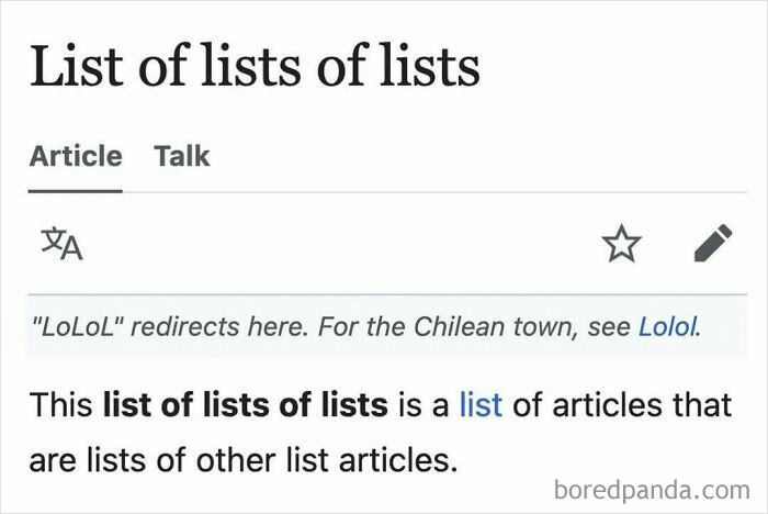 Screenshot of a Wikipedia page showing a funny and interesting snippet with lists of lists of lists.
