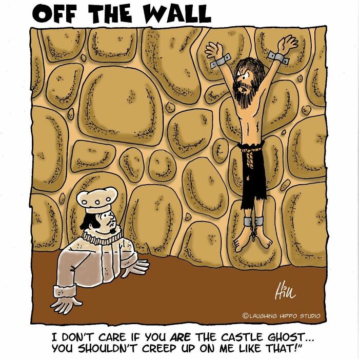Dungeon fails cartoon showing a prisoner surprised by a castle ghost creeping up behind him in a stone dungeon setting.