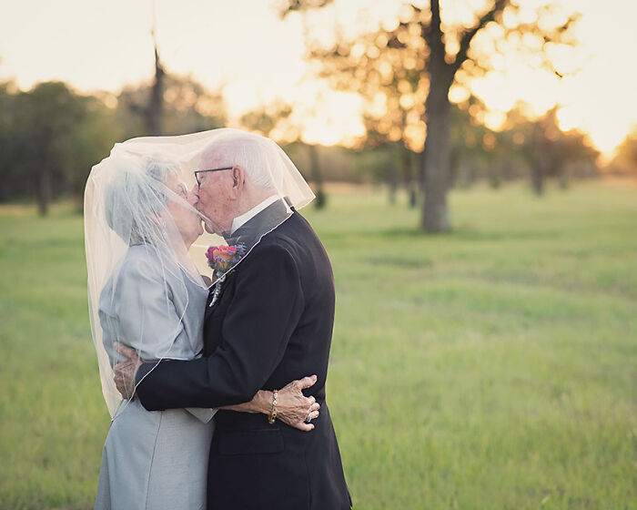 Elderly couple sharing a kiss under a wedding veil during a sunset in a field, captured in unforgettable wedding photos.