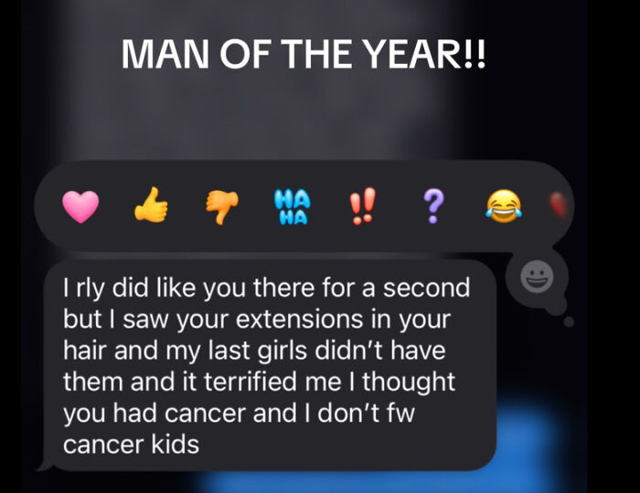 Text message screenshot nominating man of the year with a humorous comment about hair extensions and cancer fear.