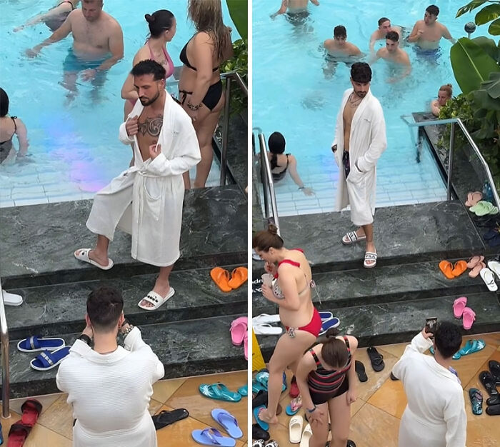 Unhinged influencer posing in a pool area wearing a white robe and slides while others swim and relax nearby.